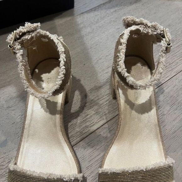 Stuart Weitzman Nudistchains Canvas Gold Sandals Tweed  Block US 6 - Picture 12 of 15